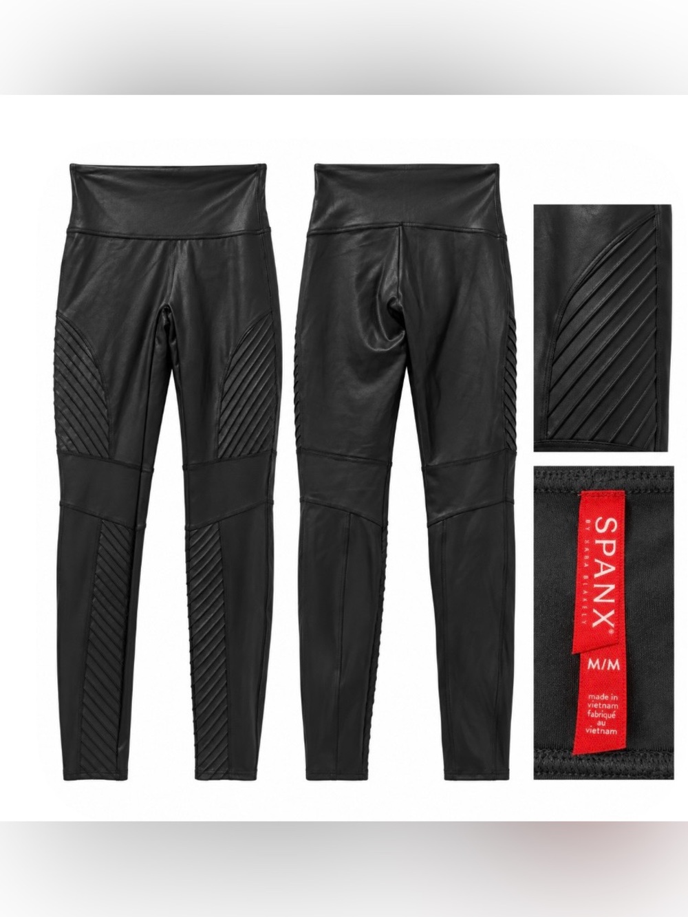 SPANX Black Faux Leather Moto Leggings Quilted High Rise Size M